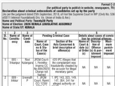 ബഹു. സുപ്രീം കോടതി വിധിയുടെ അടിസ്ഥാനത്തിൽ തിരഞ്ഞെടുപ്പ് കമ്മീഷന്റെ നിർദ്ദേശ പ്രകാരം 2026 നിയമസഭാ തിരഞ്ഞെടുപ്പിൽ ജനവിധി തേടുന്ന ട്വന്റി 20 സ്ഥാനാർഥികൾ ഉൾപ്പെട്ടിട്ടുള്ള ക്രിമിനൽ കേസുകളും അവയുടെ വിവരങ്ങളും