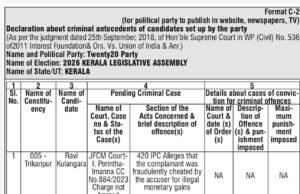 ബഹു. സുപ്രീം കോടതി വിധിയുടെ അടിസ്ഥാനത്തിൽ തിരഞ്ഞെടുപ്പ് കമ്മീഷന്റെ നിർദ്ദേശ പ്രകാരം 2026 നിയമസഭാ തിരഞ്ഞെടുപ്പിൽ ജനവിധി തേടുന്ന ട്വന്റി 20 സ്ഥാനാർഥികൾ ഉൾപ്പെട്ടിട്ടുള്ള ക്രിമിനൽ കേസുകളും അവയുടെ വിവരങ്ങളും